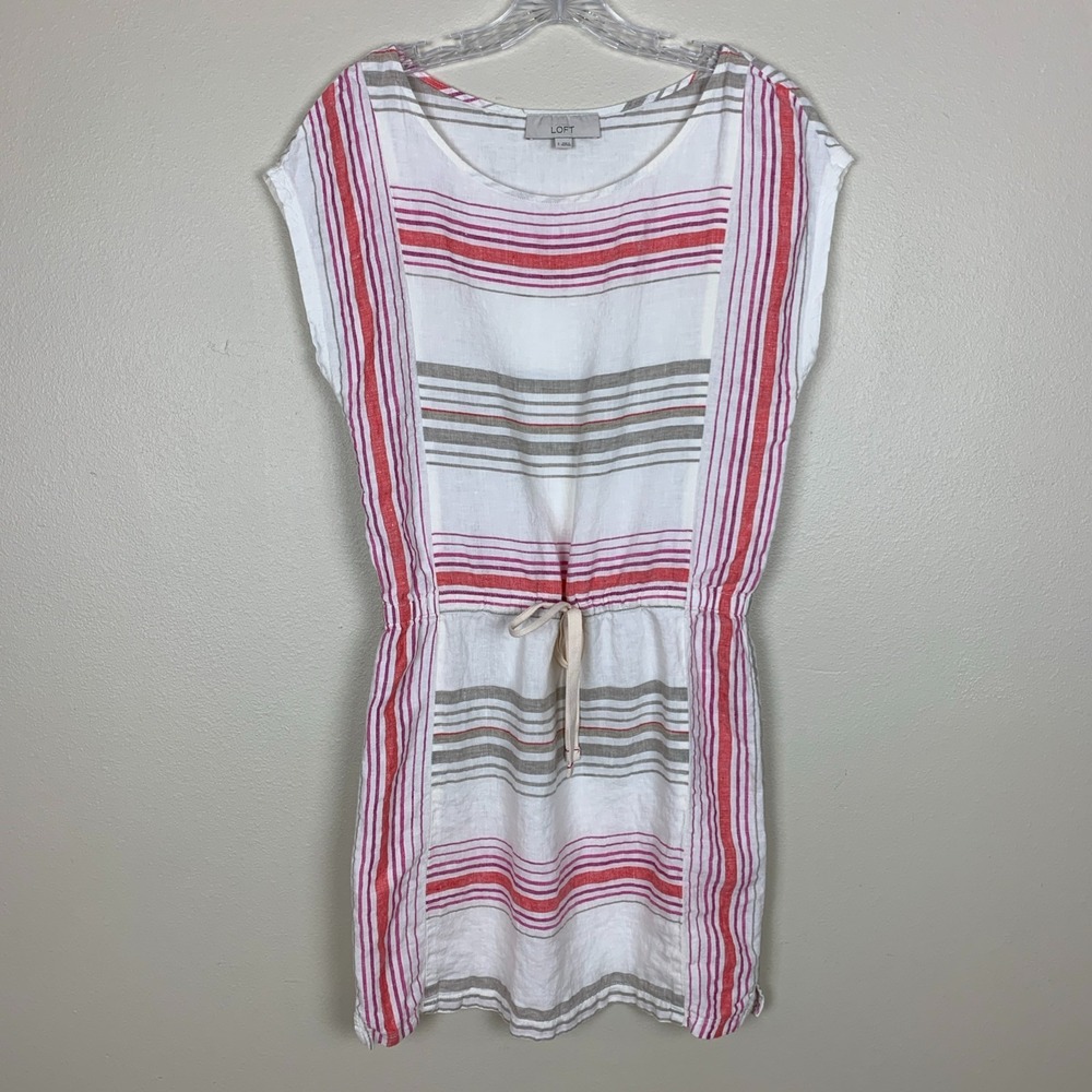 Ann Taylor LOFT Womens S Dress 100% Linen Stripe Beachy Boho Drawstring